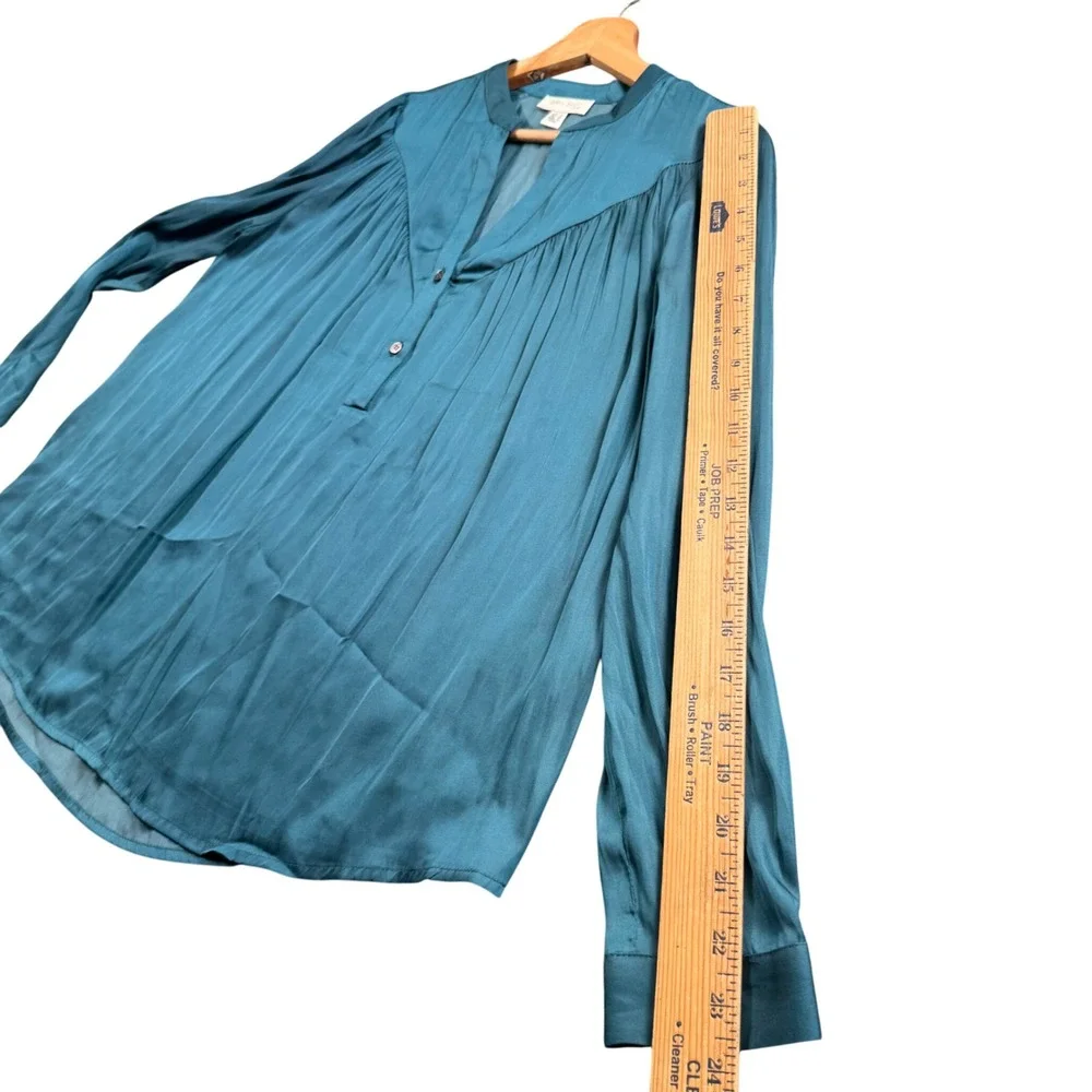 Boho Pleated Satin Blouse XS Teal Long Sleeve Yoke Top See U Soon - Picture 9 of 10